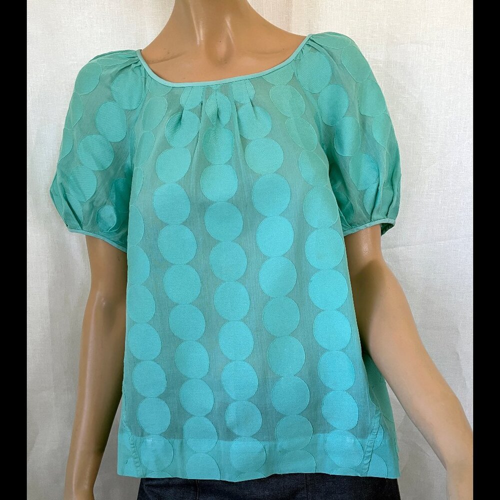Tibi short sleeved cotton-silk blouse aqua circle pattern 4